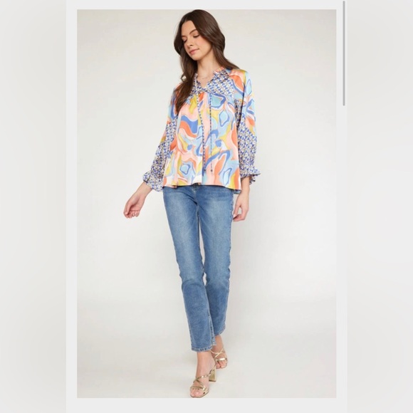 boutique Tops - New Arias Satin Mixed Boutique Colorful Patterned Blouse size 1X 🌸🌺🌹BG1